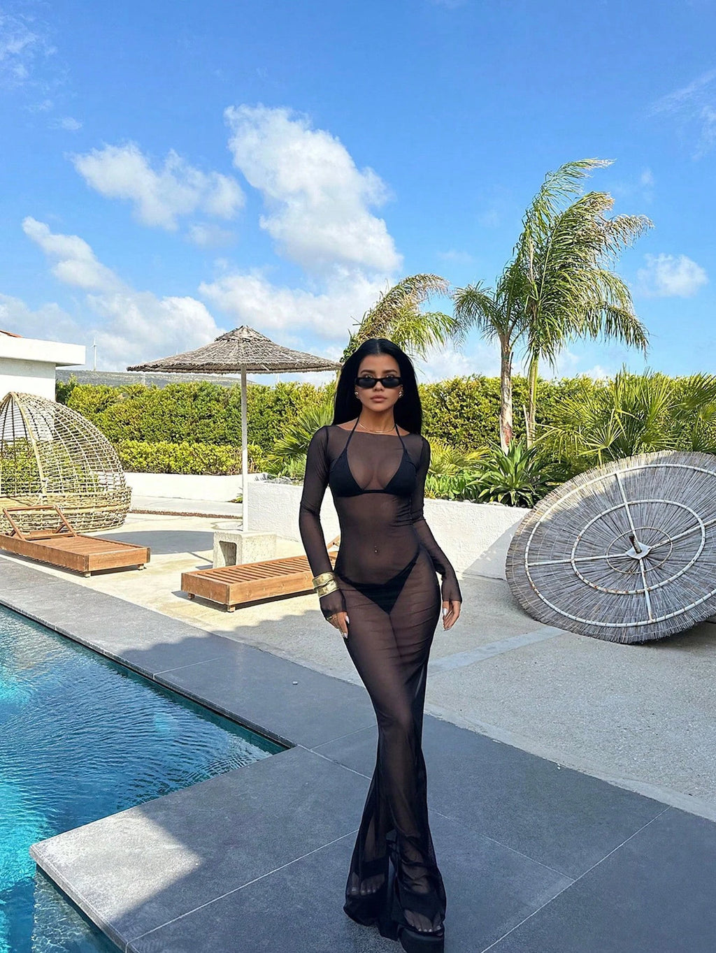 Women's Sexy Bodycon Mesh Sheer Off Shoulder Long Sleeve Dress,