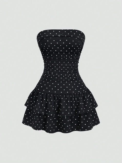 Sweetra Black And White Polka Dot Summer Cute Picnic Dress,French Strapless Bodycon Cinched Waist Tiered Hem