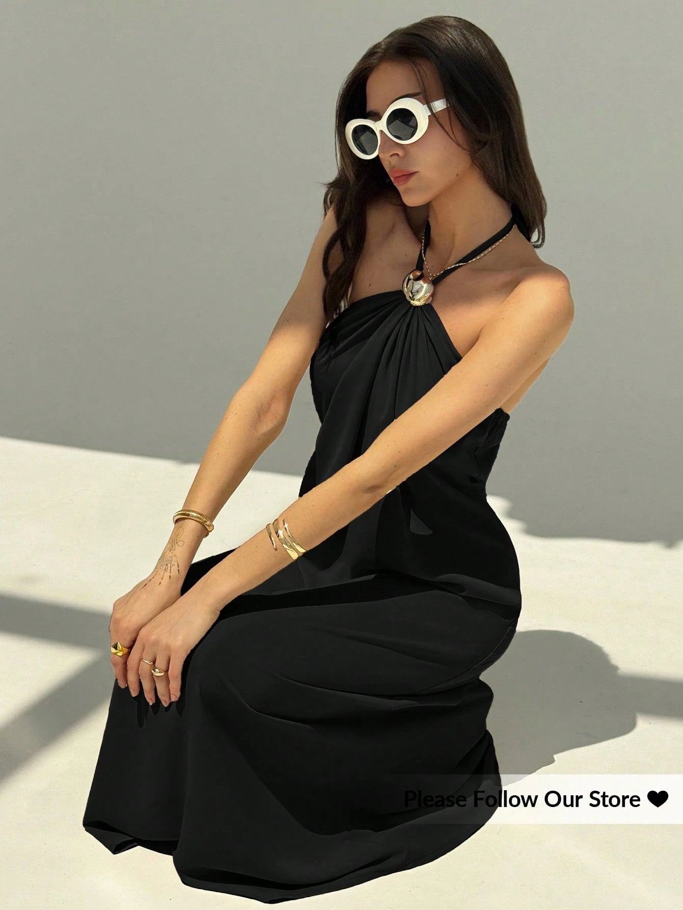 Aloruh New Champagne Backless Pleated Minimalist Long Dress, Metal Ball Decor, Oversized Flattering - image 11