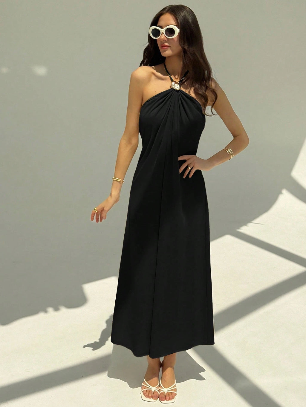 Aloruh New Champagne Backless Pleated Minimalist Long Dress, Metal Ball Decor, Oversized Flattering - image 13