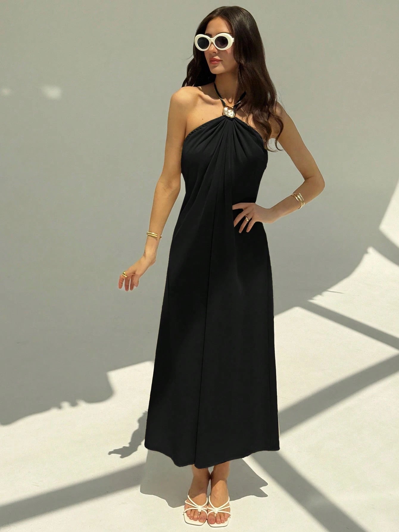 Aloruh New Champagne Backless Pleated Minimalist Long Dress, Metal Ball Decor, Oversized Flattering - image 13