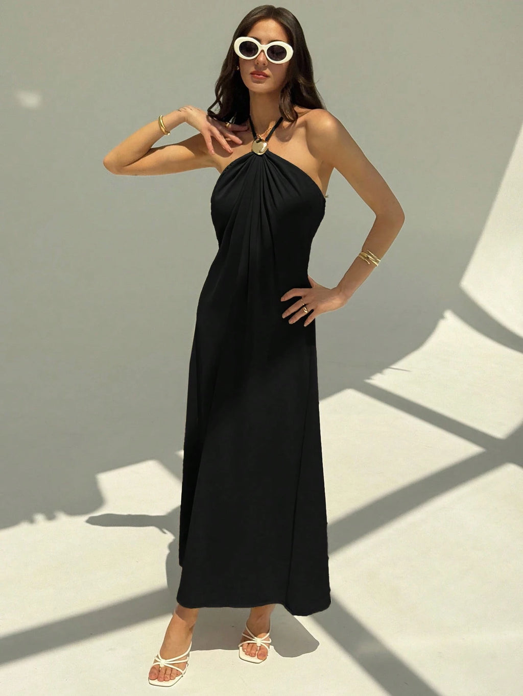 Aloruh New Champagne Backless Pleated Minimalist Long Dress, Metal Ball Decor, Oversized Flattering - image 14