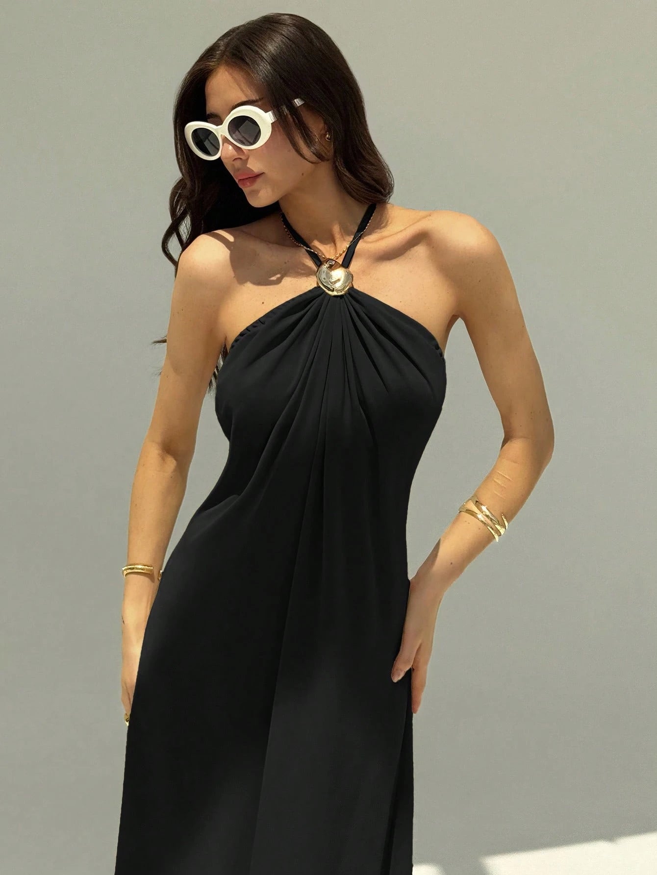 Aloruh New Champagne Backless Pleated Minimalist Long Dress, Metal Ball Decor, Oversized Flattering - image 15