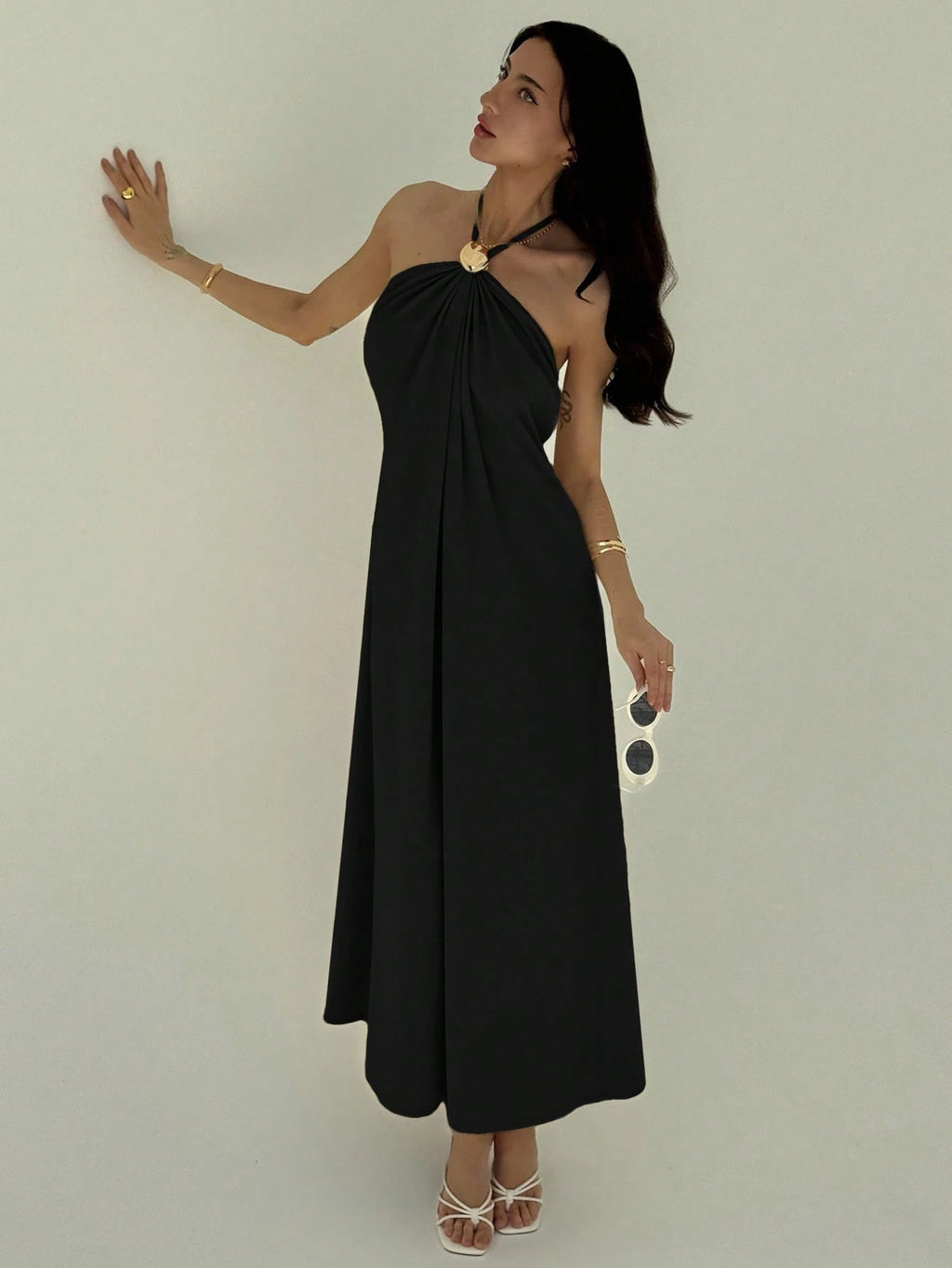 Aloruh New Champagne Backless Pleated Minimalist Long Dress, Metal Ball Decor, Oversized Flattering - image 16