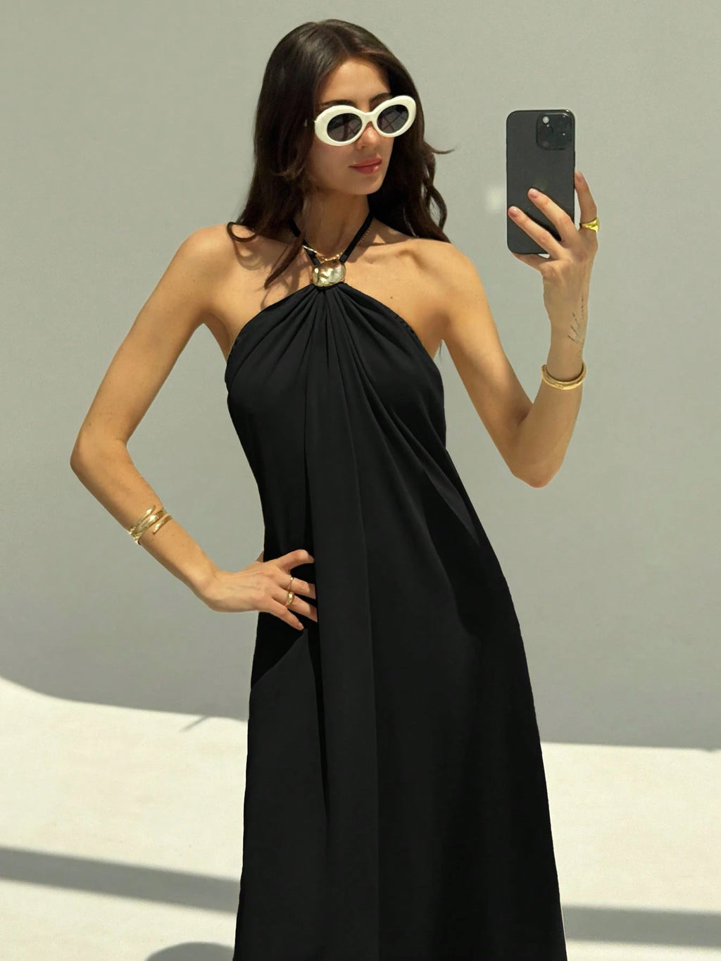 Aloruh New Champagne Backless Pleated Minimalist Long Dress, Metal Ball Decor, Oversized Flattering - image 17