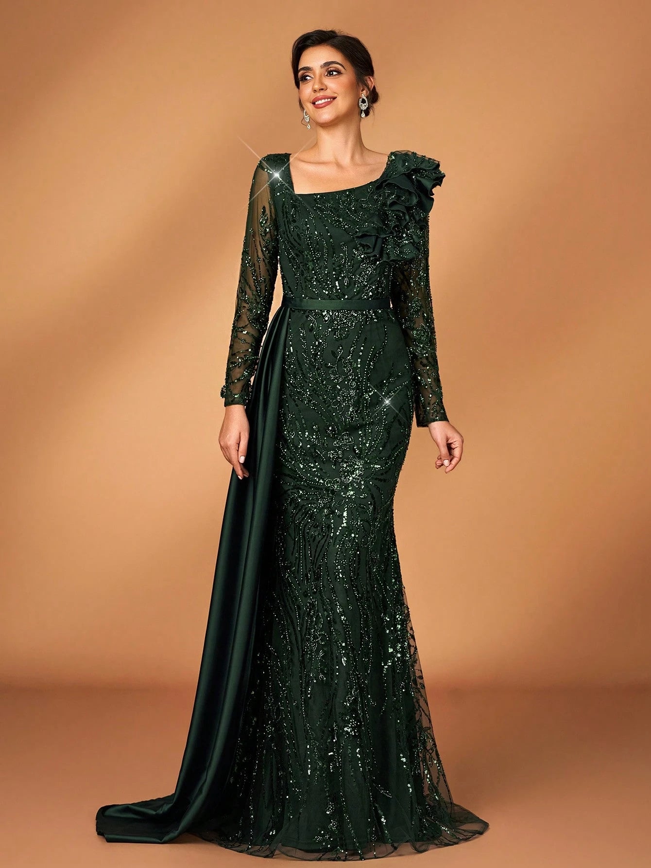 Serin Stunning Dark Green Mother Of The Bride Maxi Dress Featuring Sequins Ruffles And Long Sleeves - image 2