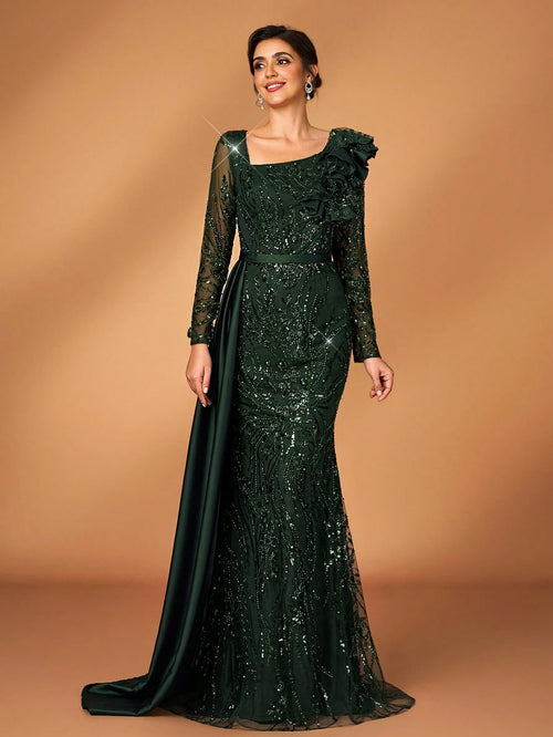 Serin Stunning Dark Green Mother Of The Bride Maxi Dress Featuring Sequins Ruffles And Long Sleeves - image 2
