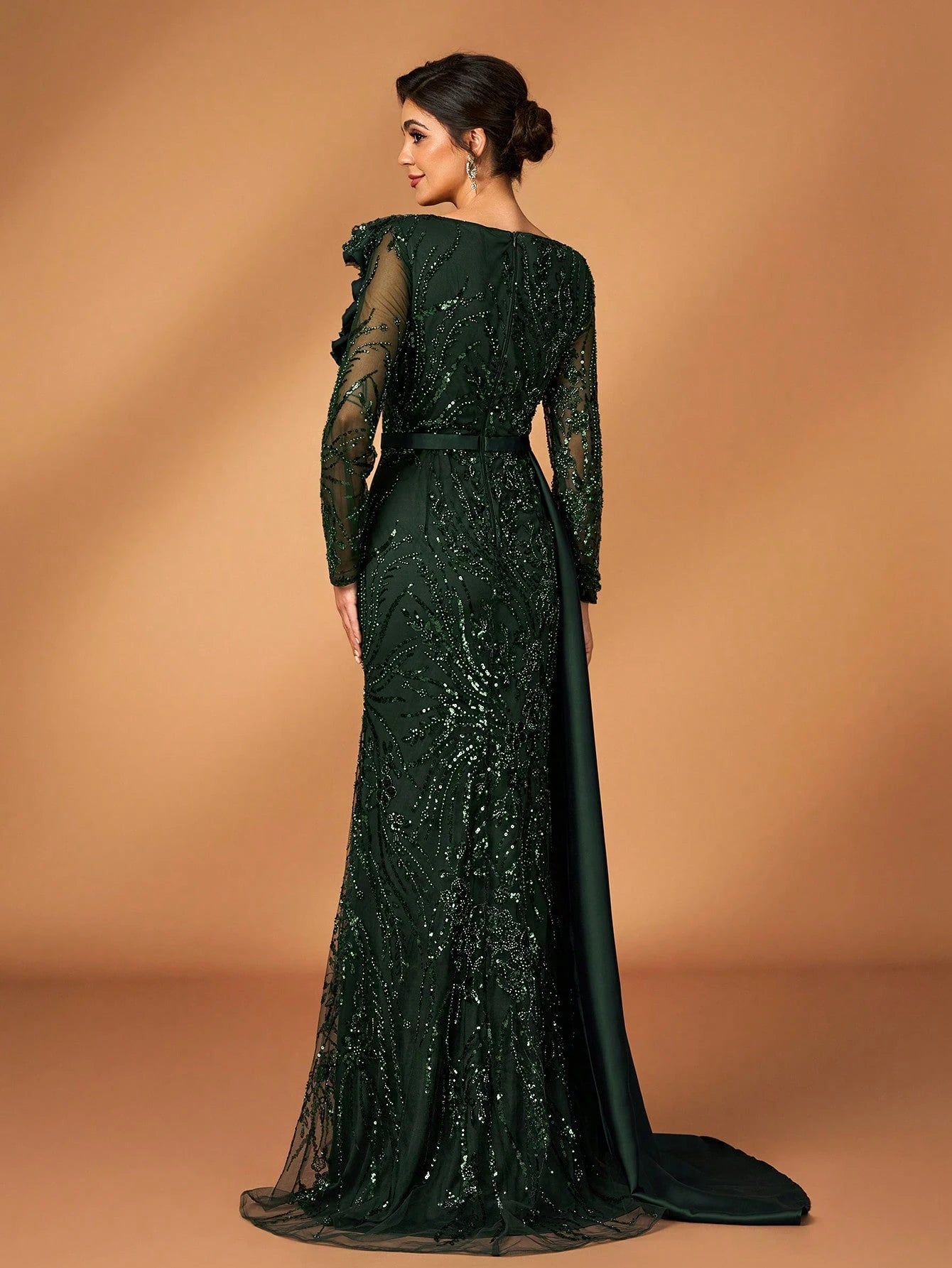 Serin Stunning Dark Green Mother Of The Bride Maxi Dress Featuring Sequins Ruffles And Long Sleeves - image 4