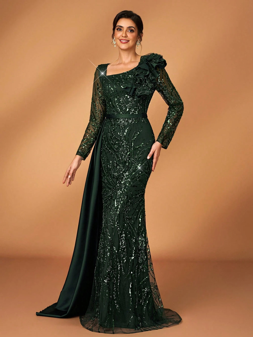 Serin Stunning Dark Green Mother Of The Bride Maxi Dress Featuring Sequins Ruffles And Long Sleeves - image 5