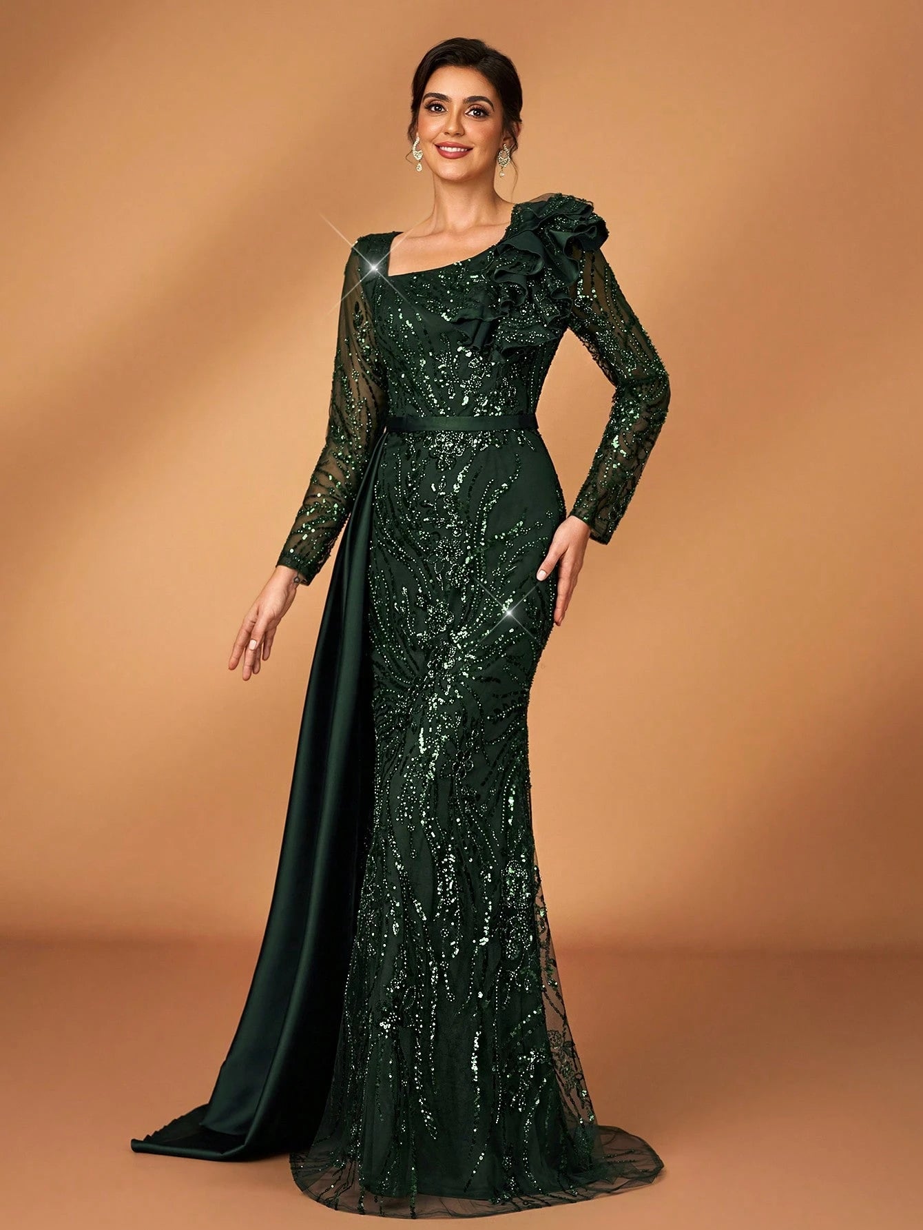 Serin Stunning Dark Green Mother Of The Bride Maxi Dress Featuring Sequins Ruffles And Long Sleeves - image 5