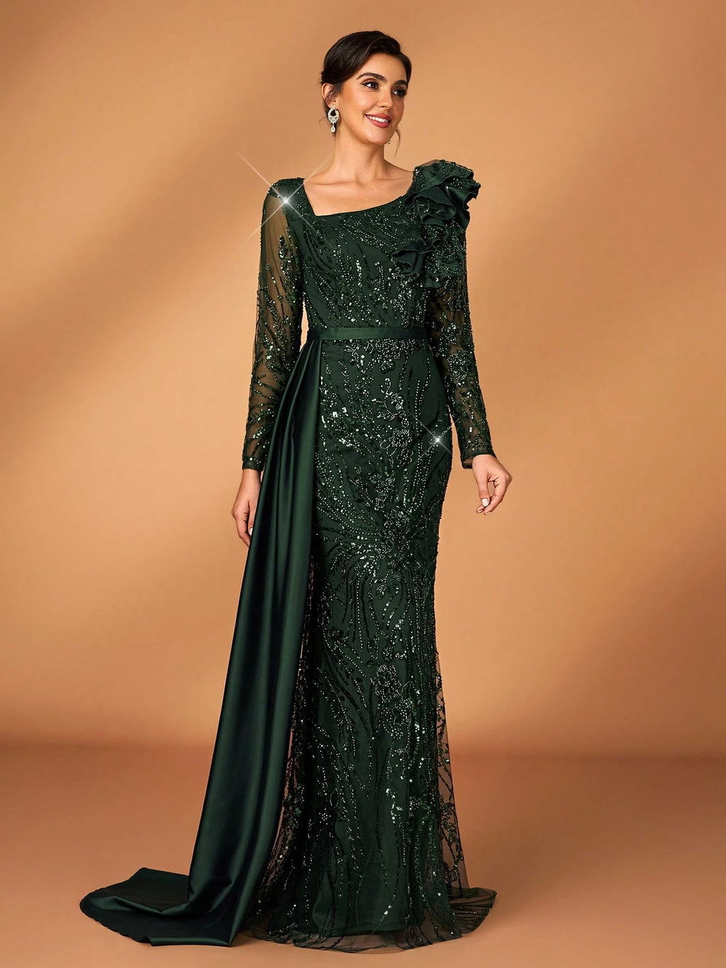 Serin Stunning Dark Green Mother Of The Bride Maxi Dress Featuring Sequins Ruffles And Long Sleeves - image 6