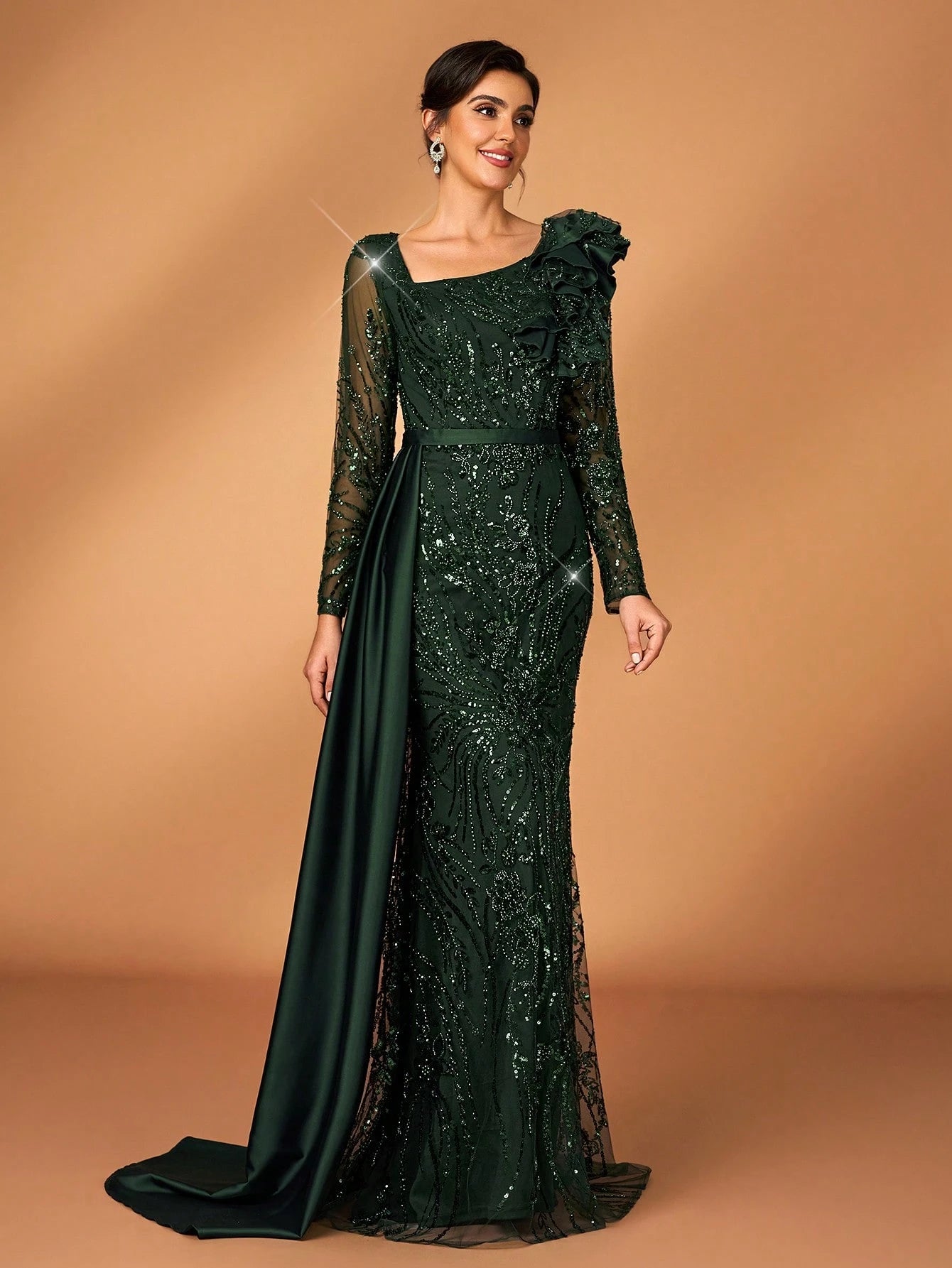 Serin Stunning Dark Green Mother Of The Bride Maxi Dress Featuring Sequins Ruffles And Long Sleeves - image 6