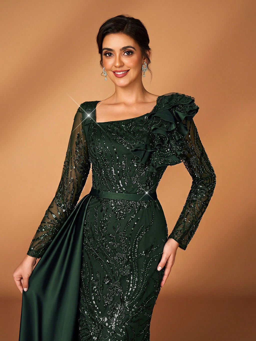 Serin Stunning Dark Green Mother Of The Bride Maxi Dress Featuring Sequins Ruffles And Long Sleeves