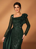 Serin Stunning Dark Green Mother Of The Bride Maxi Dress Featuring Sequins Ruffles And Long Sleeves