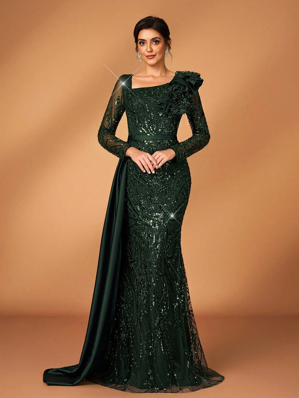 Serin Stunning Dark Green Mother Of The Bride Maxi Dress Featuring Sequins Ruffles And Long Sleeves - image 7