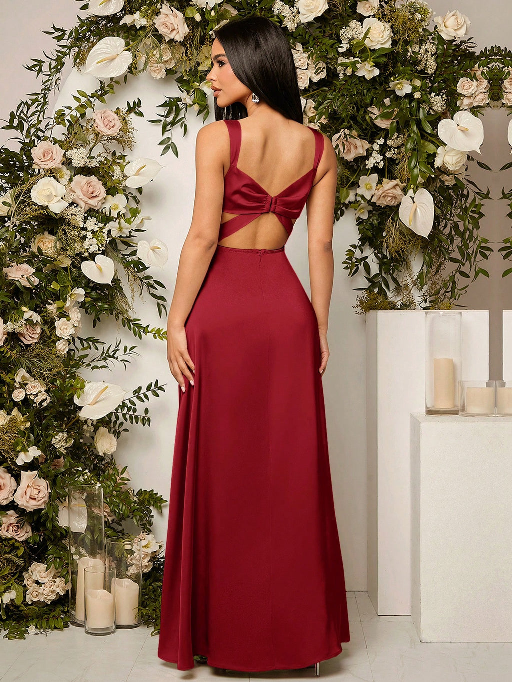 Belle Elegant Chic Sexy Minimalist Solid Color Pleated Hollow-Out Backless High Slit Hem Bustier Bust - image 16