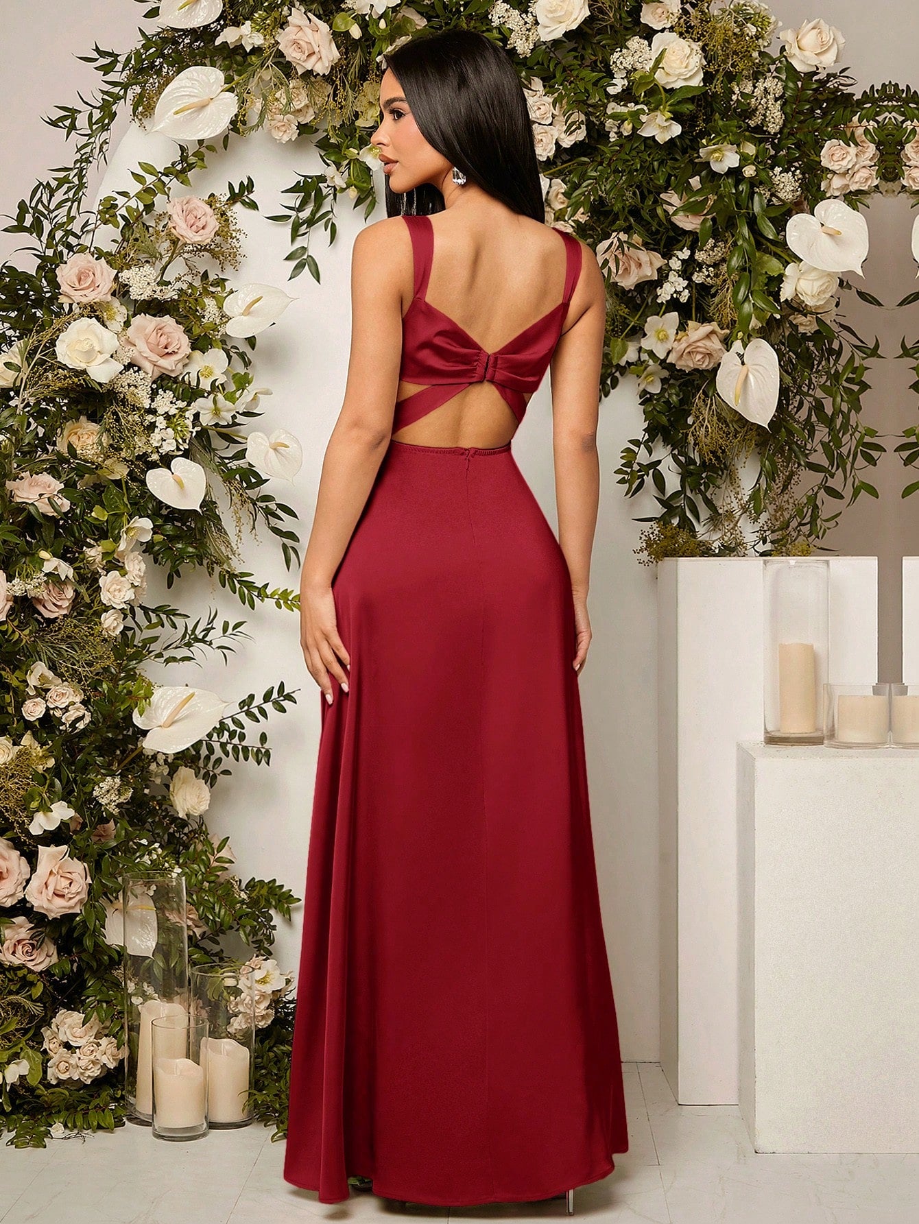 Belle Elegant Chic Sexy Minimalist Solid Color Pleated Hollow-Out Backless High Slit Hem Bustier Bust - image 16