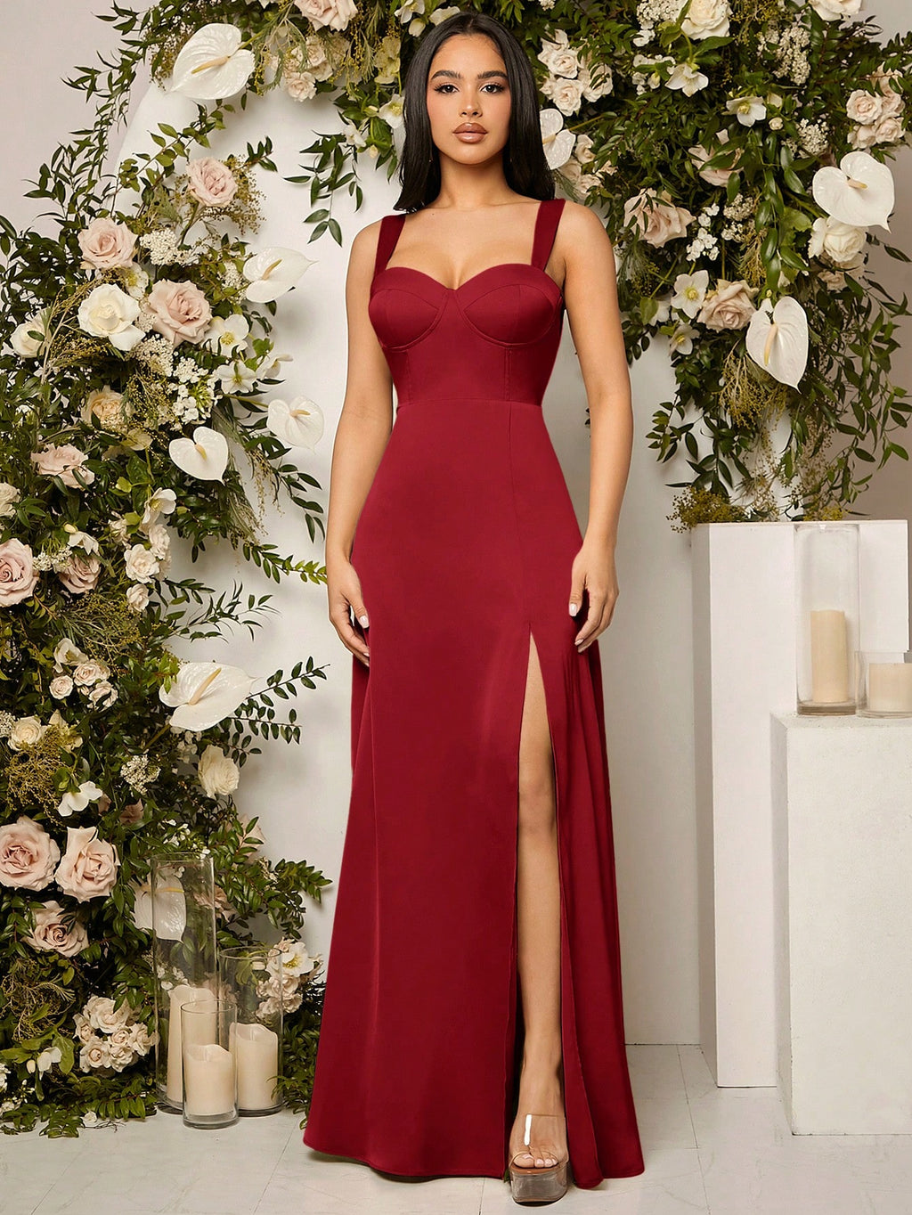 Belle Elegant Chic Sexy Minimalist Solid Color Pleated Hollow-Out Backless High Slit Hem Bustier Bust - image 17