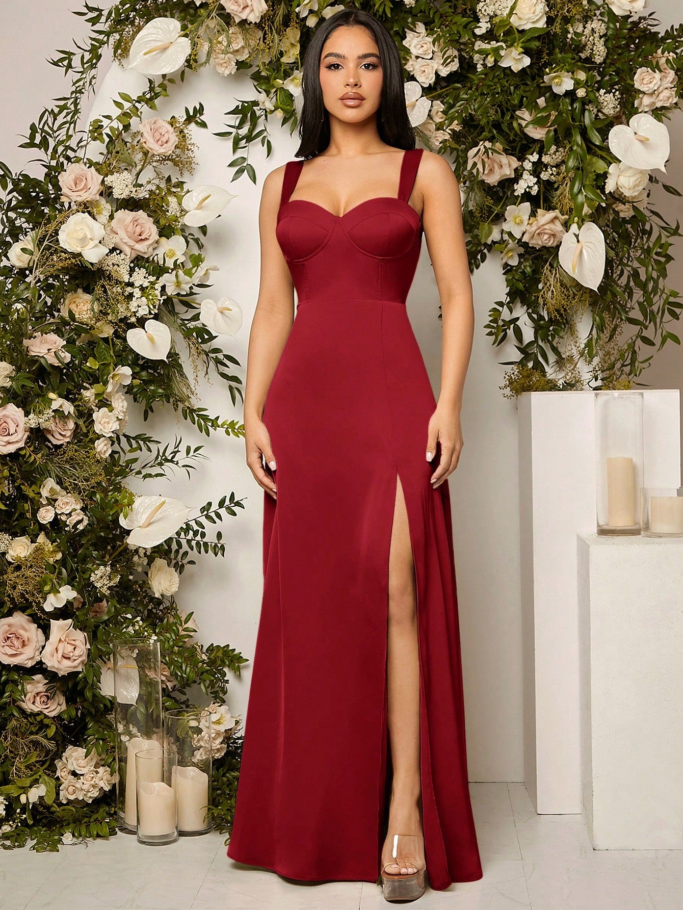 Belle Elegant Chic Sexy Minimalist Solid Color Pleated Hollow-Out Backless High Slit Hem Bustier Bust - image 17