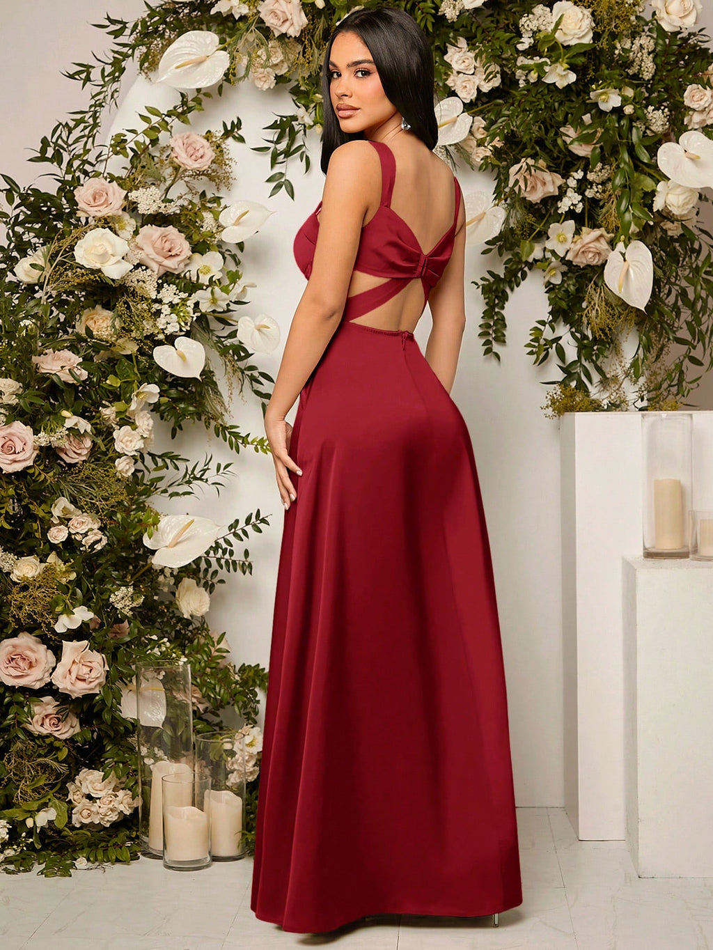 Belle Elegant Chic Sexy Minimalist Solid Color Pleated Hollow-Out Backless High Slit Hem Bustier Bust - image 18