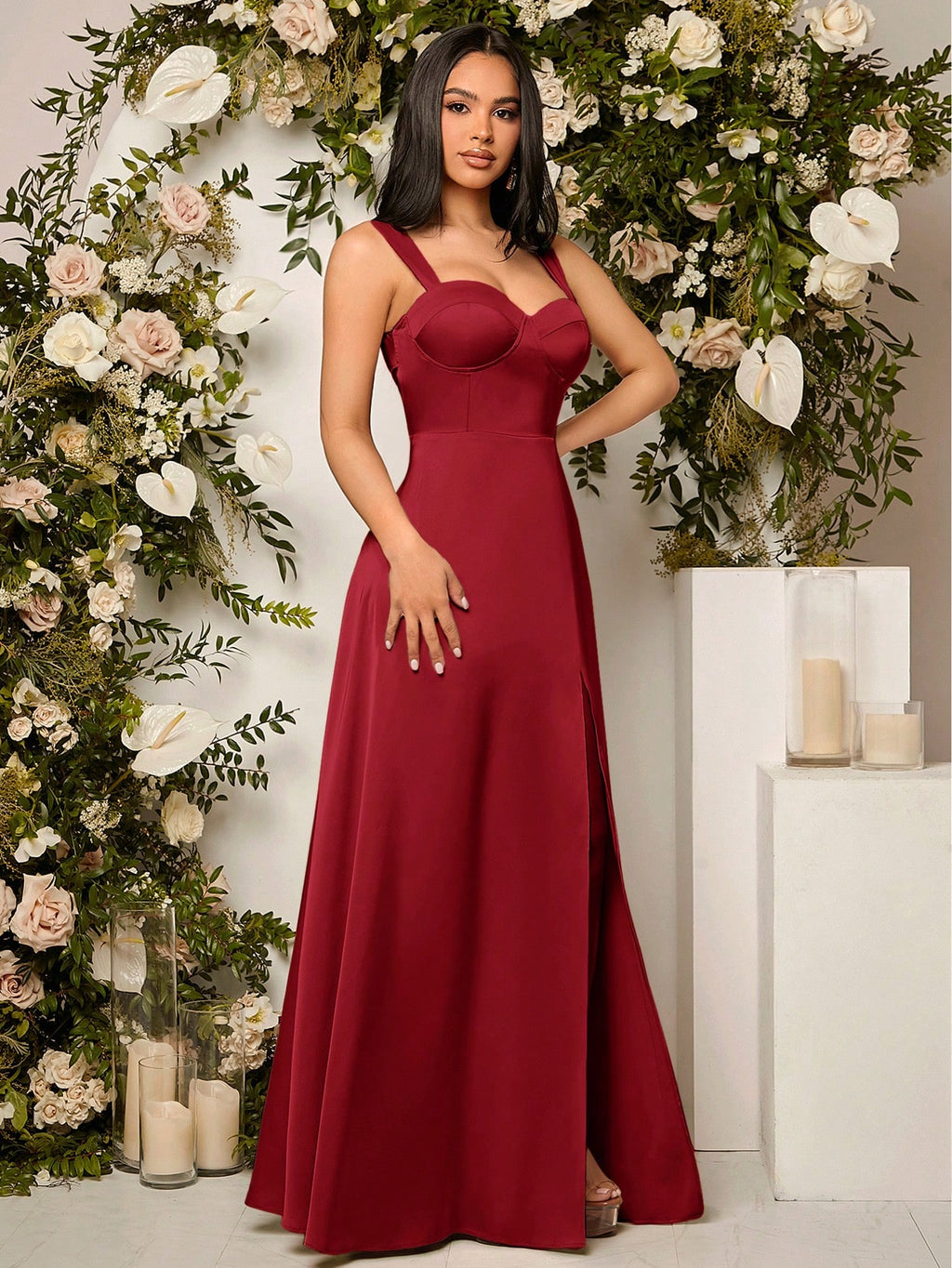 Belle Elegant Chic Sexy Minimalist Solid Color Pleated Hollow-Out Backless High Slit Hem Bustier Bust - image 20