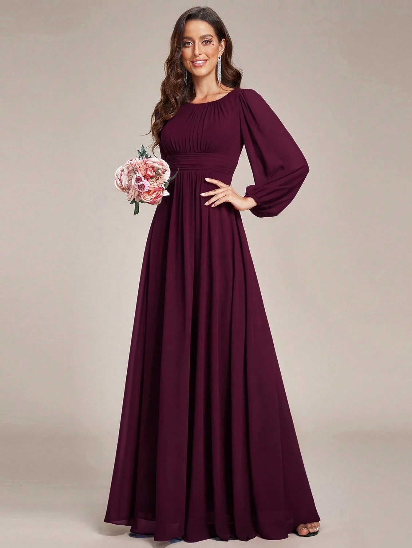 EVERPRETTY Elegant Autumn Special Occasion Chiffon Round Neck Lantern