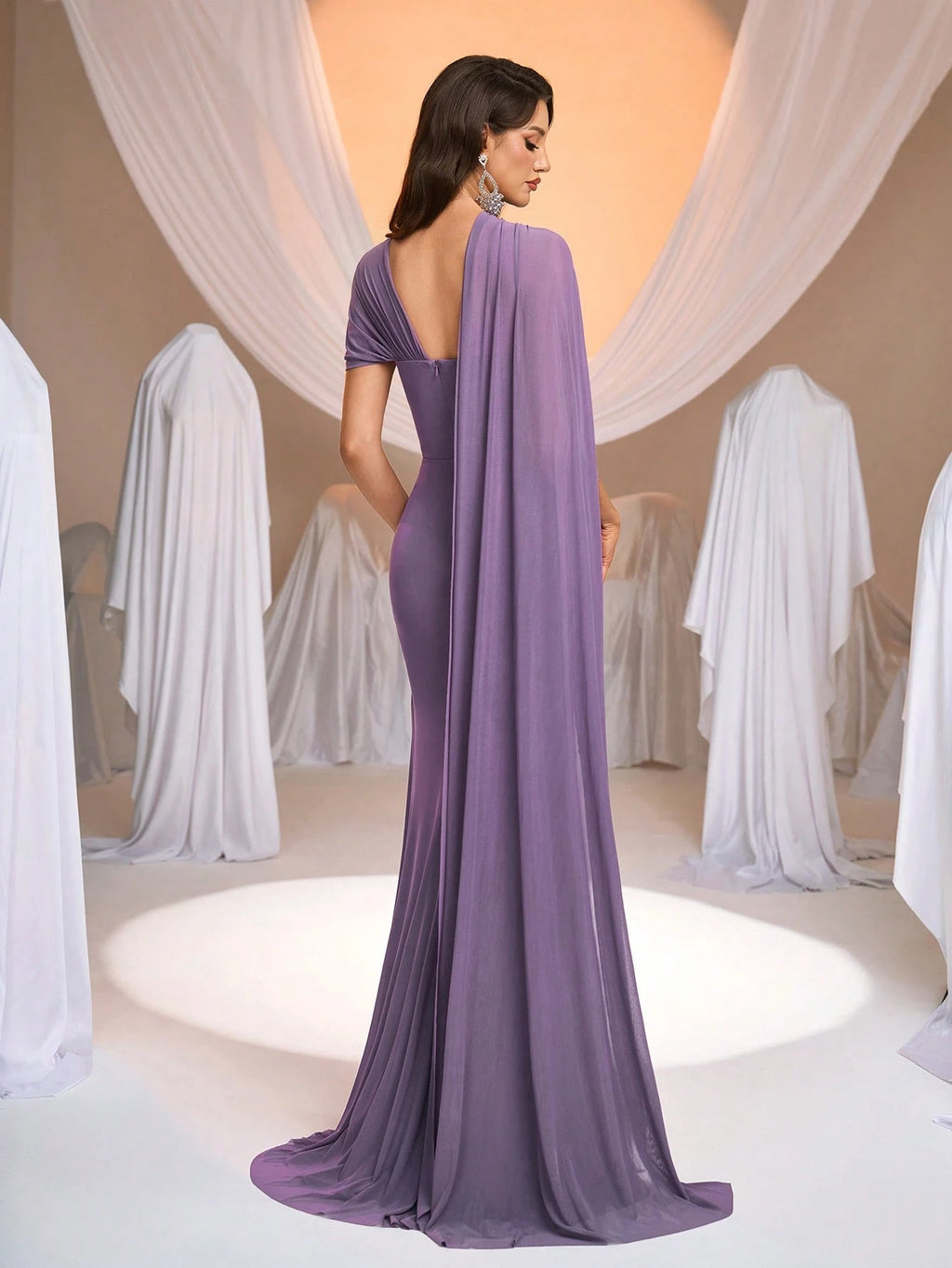 Aureia Elegant Luxurious Elastic Knit Ruched Asymmetrical Neckline Flounce A-Line Bridesmaid Dress - image 10