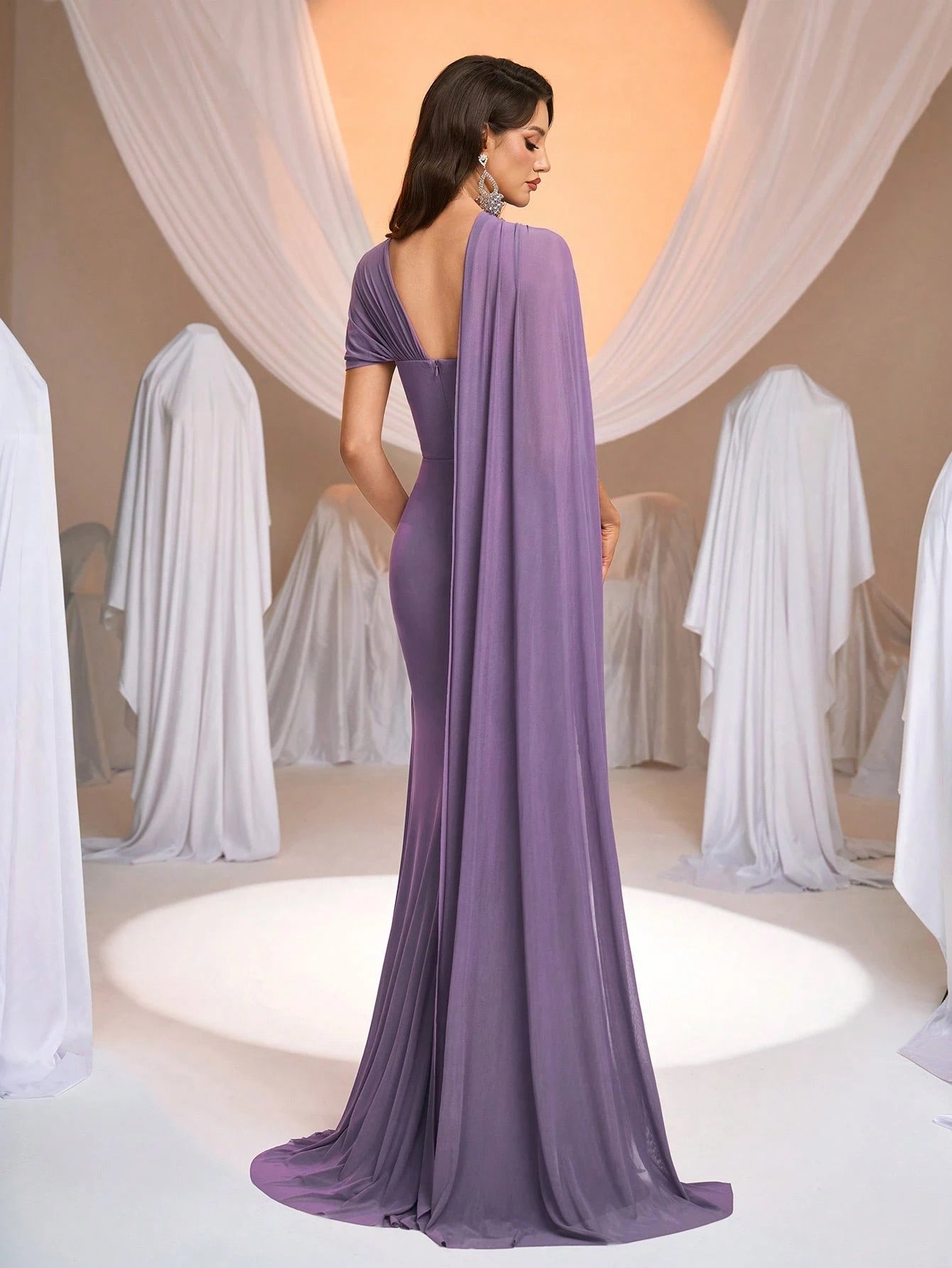 Aureia Elegant Luxurious Elastic Knit Ruched Asymmetrical Neckline Flounce A-Line Bridesmaid Dress - image 10