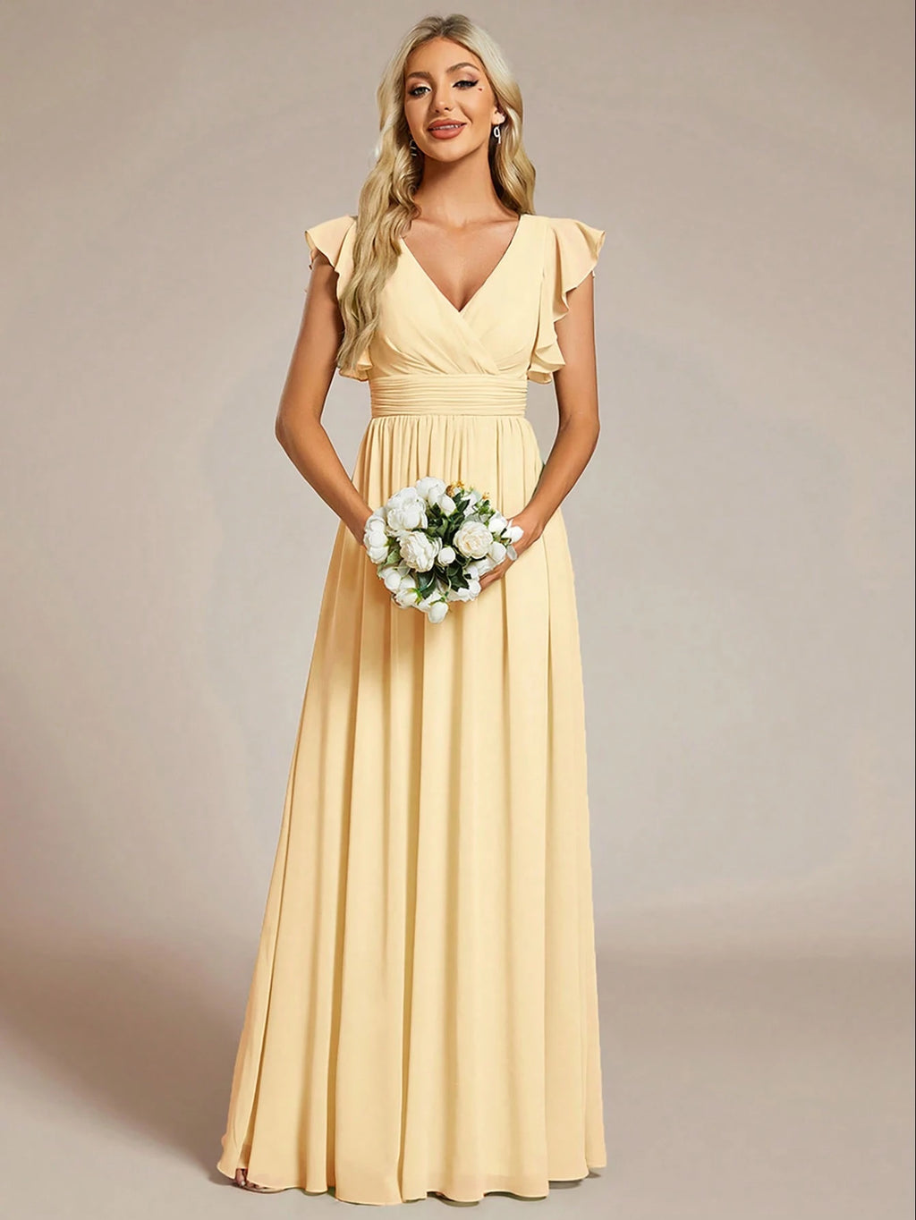 Asymmetric Ruffle Sleeve V-Neck Chiffon Green Bridesmaid Dress, Suitable For Weddings, Birthdays, Parties - image 16