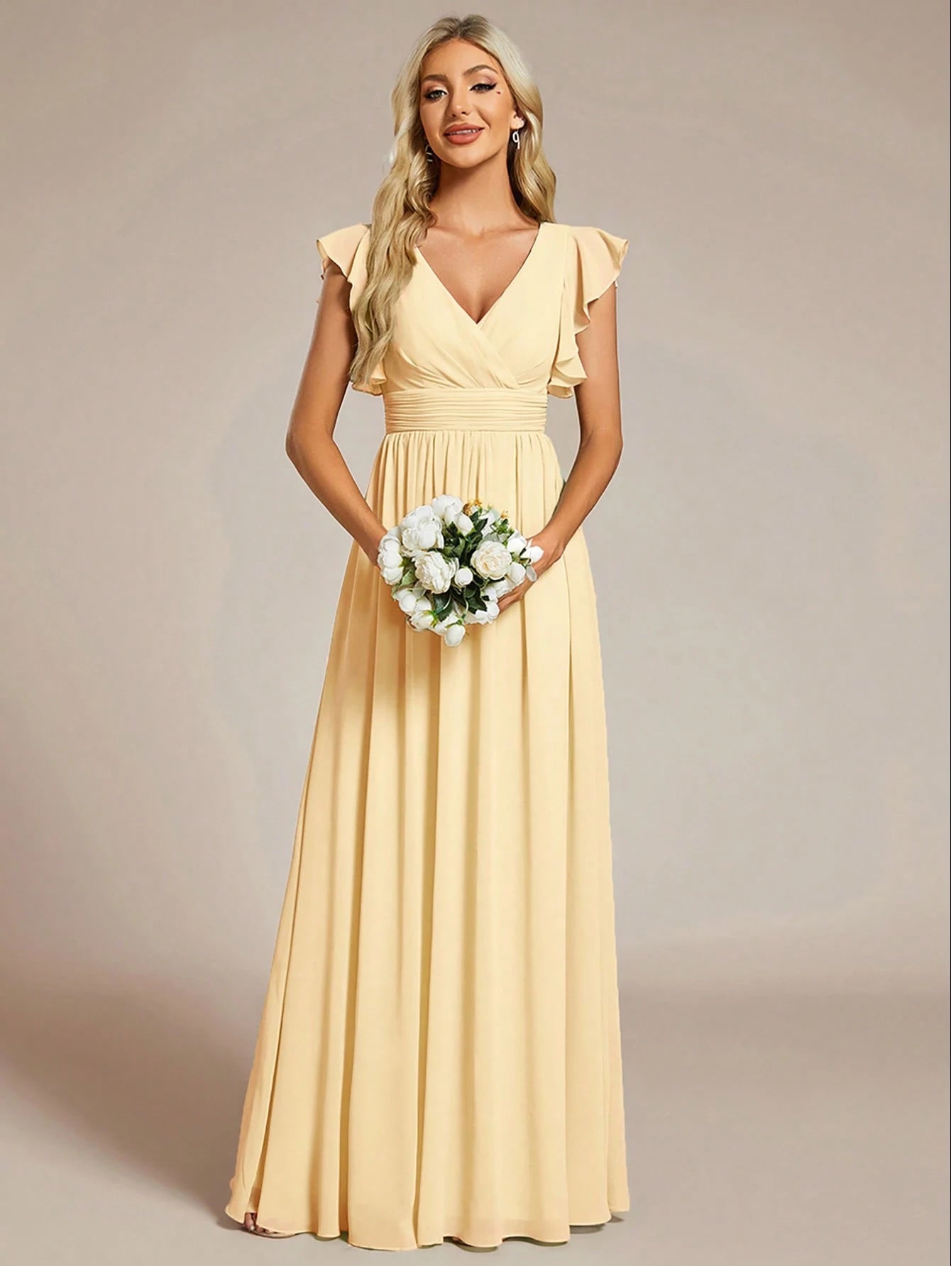 Asymmetric Ruffle Sleeve V-Neck Chiffon Green Bridesmaid Dress, Suitable For Weddings, Birthdays, Parties - image 16