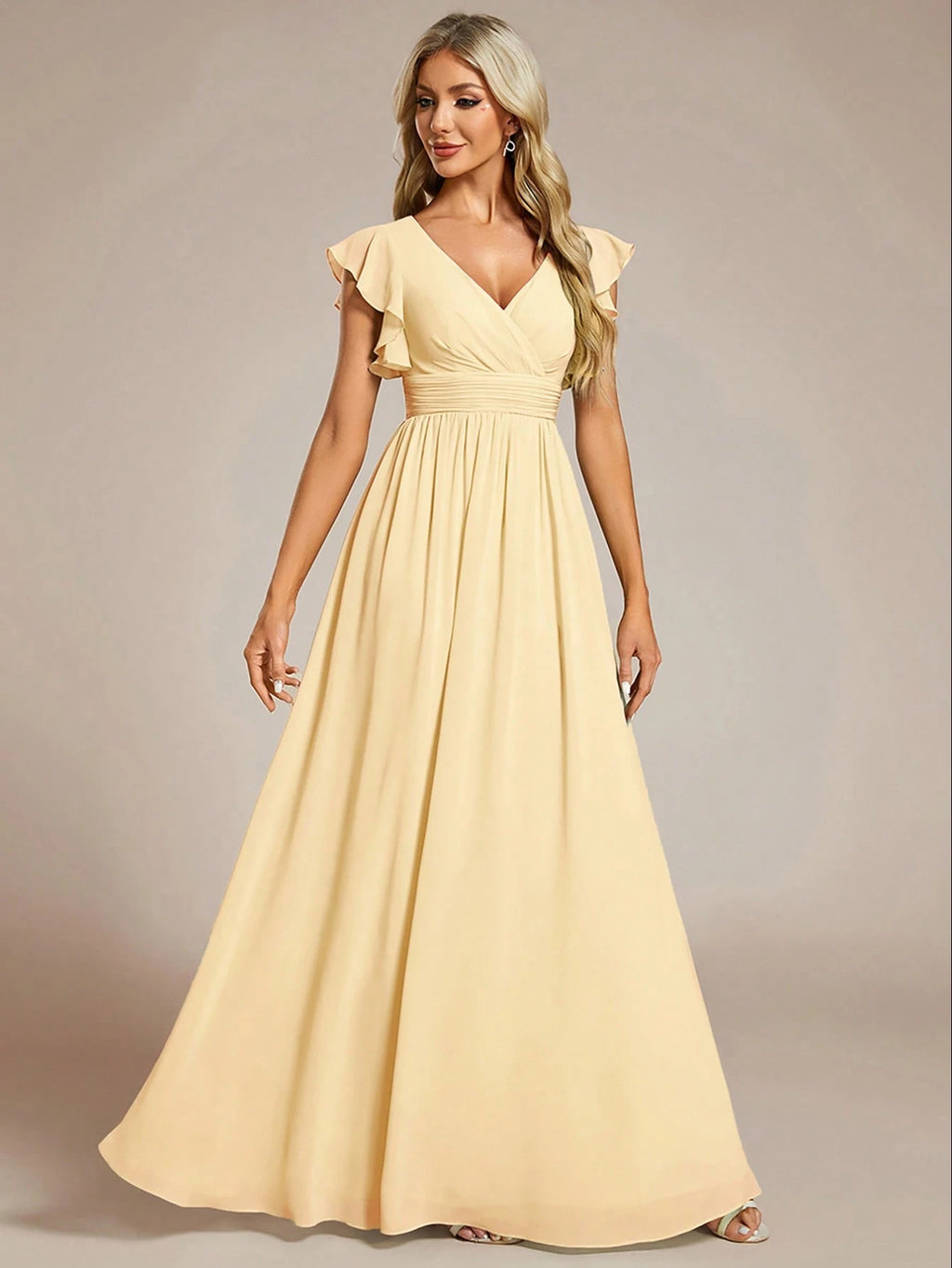 Asymmetric Ruffle Sleeve V-Neck Chiffon Green Bridesmaid Dress, Suitable For Weddings, Birthdays, Parties - image 14
