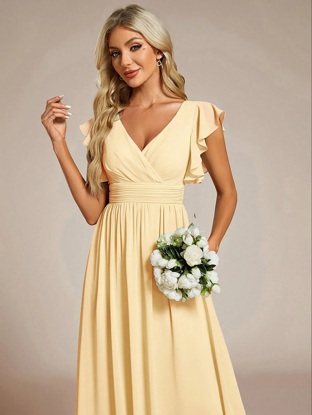 Asymmetric Ruffle Sleeve V-Neck Chiffon Green Bridesmaid Dress, Suitable For Weddings, Birthdays, Parties - image 15