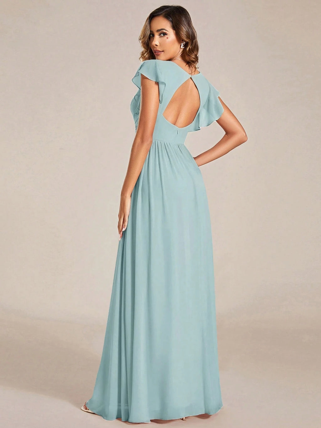 Asymmetric Ruffle Sleeve V-Neck Chiffon Green Bridesmaid Dress, Suitable For Weddings, Birthdays, Parties - image 19