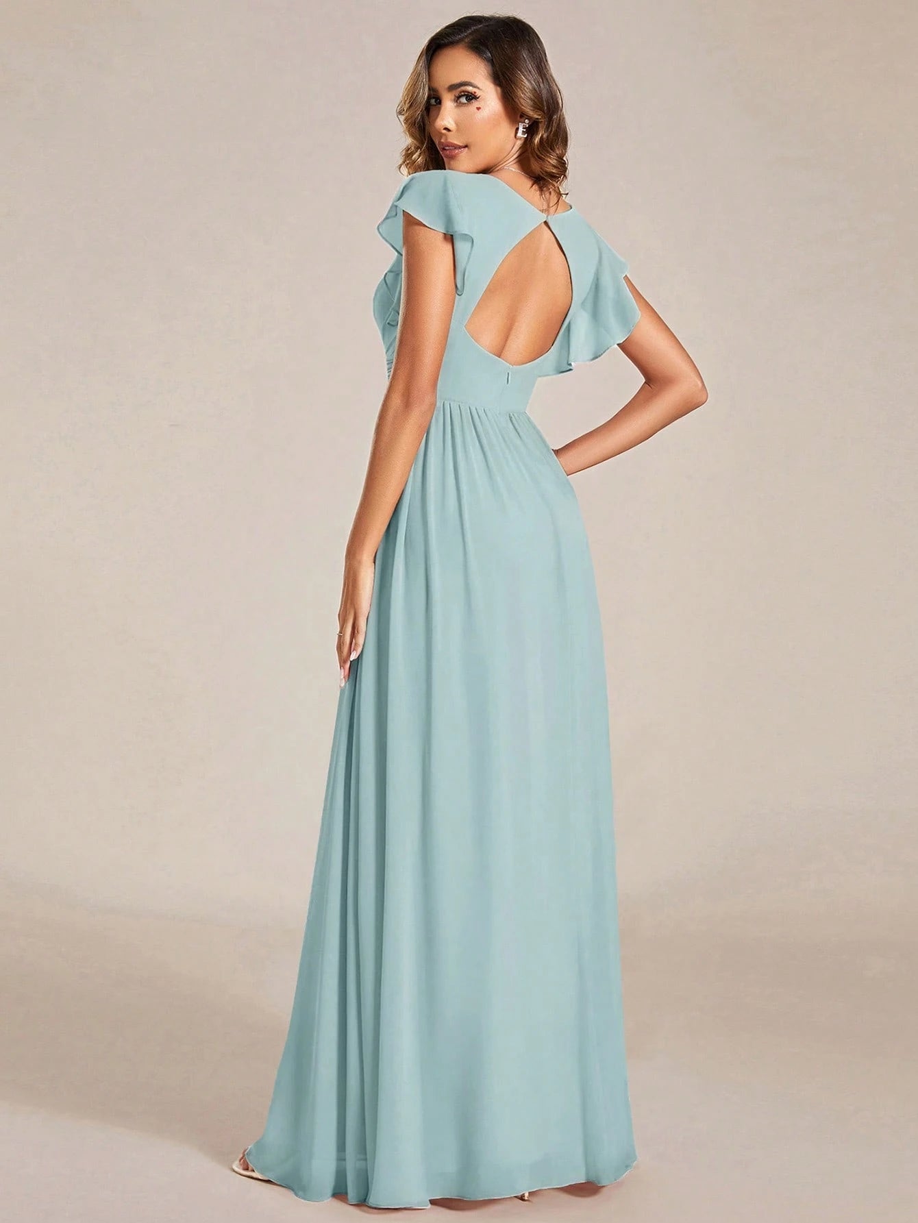 Asymmetric Ruffle Sleeve V-Neck Chiffon Green Bridesmaid Dress, Suitable For Weddings, Birthdays, Parties - image 19