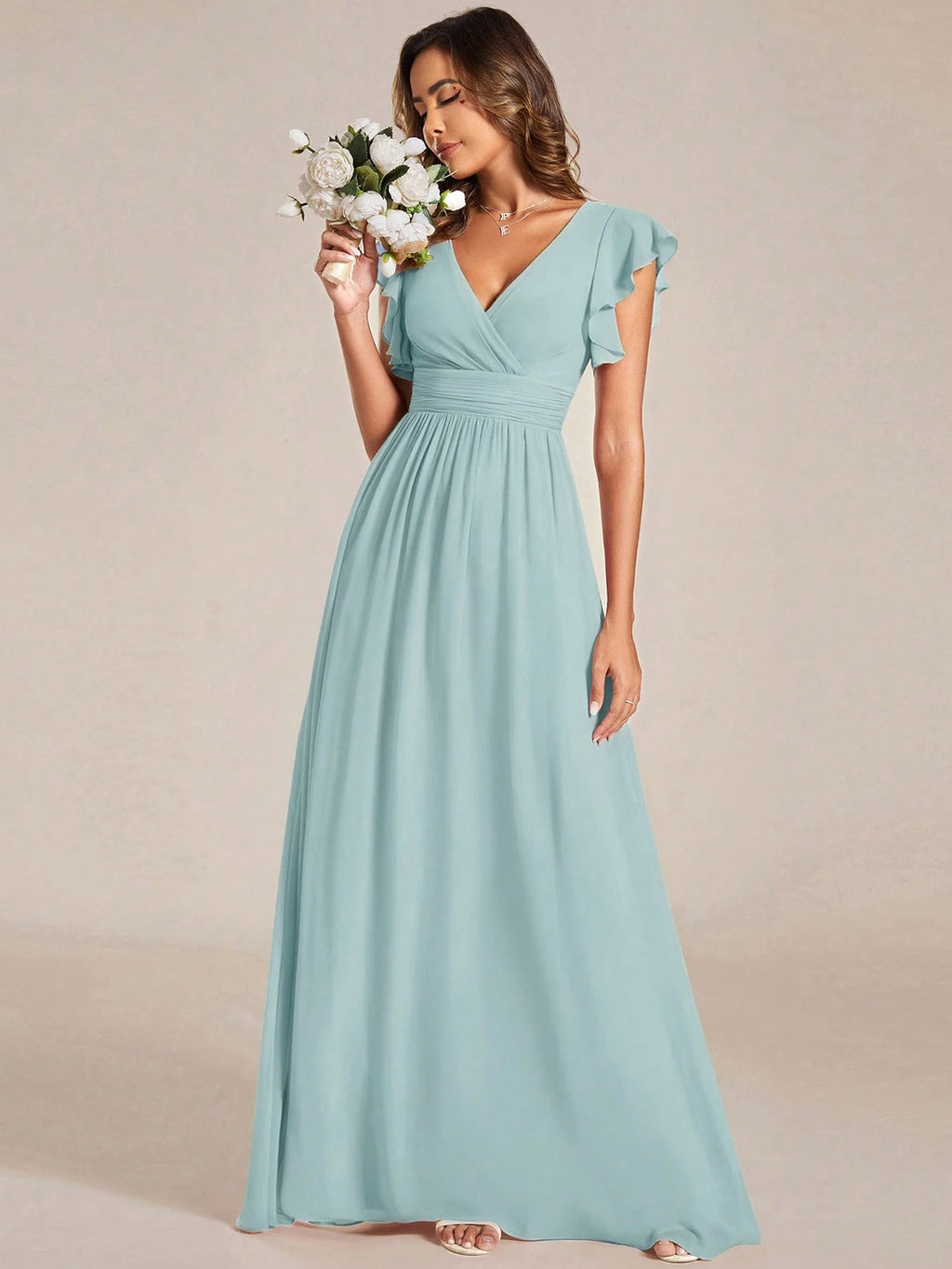 Asymmetric Ruffle Sleeve V-Neck Chiffon Green Bridesmaid Dress, Suitable For Weddings, Birthdays, Parties - image 20
