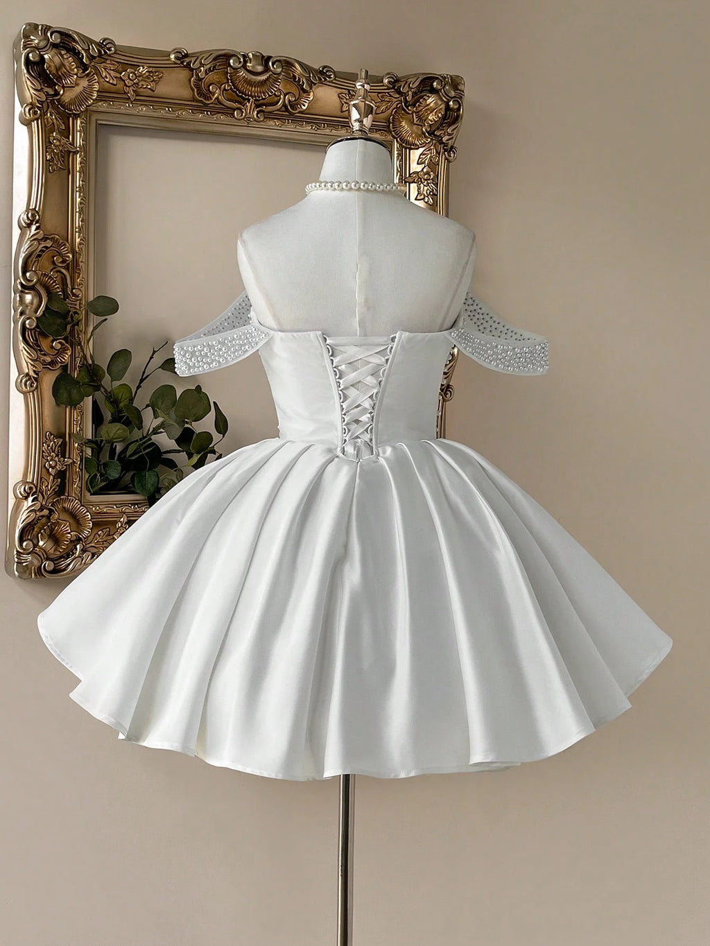 Lovelzi White Summer Elegant Bachelorette Party Wedding Dress,Luxurious Satin Pearl Embellished - image 10