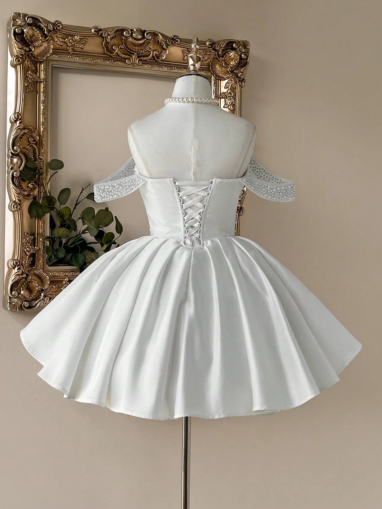 Lovelzi White Summer Elegant Bachelorette Party Wedding Dress,Luxurious Satin Pearl Embellished - image 10