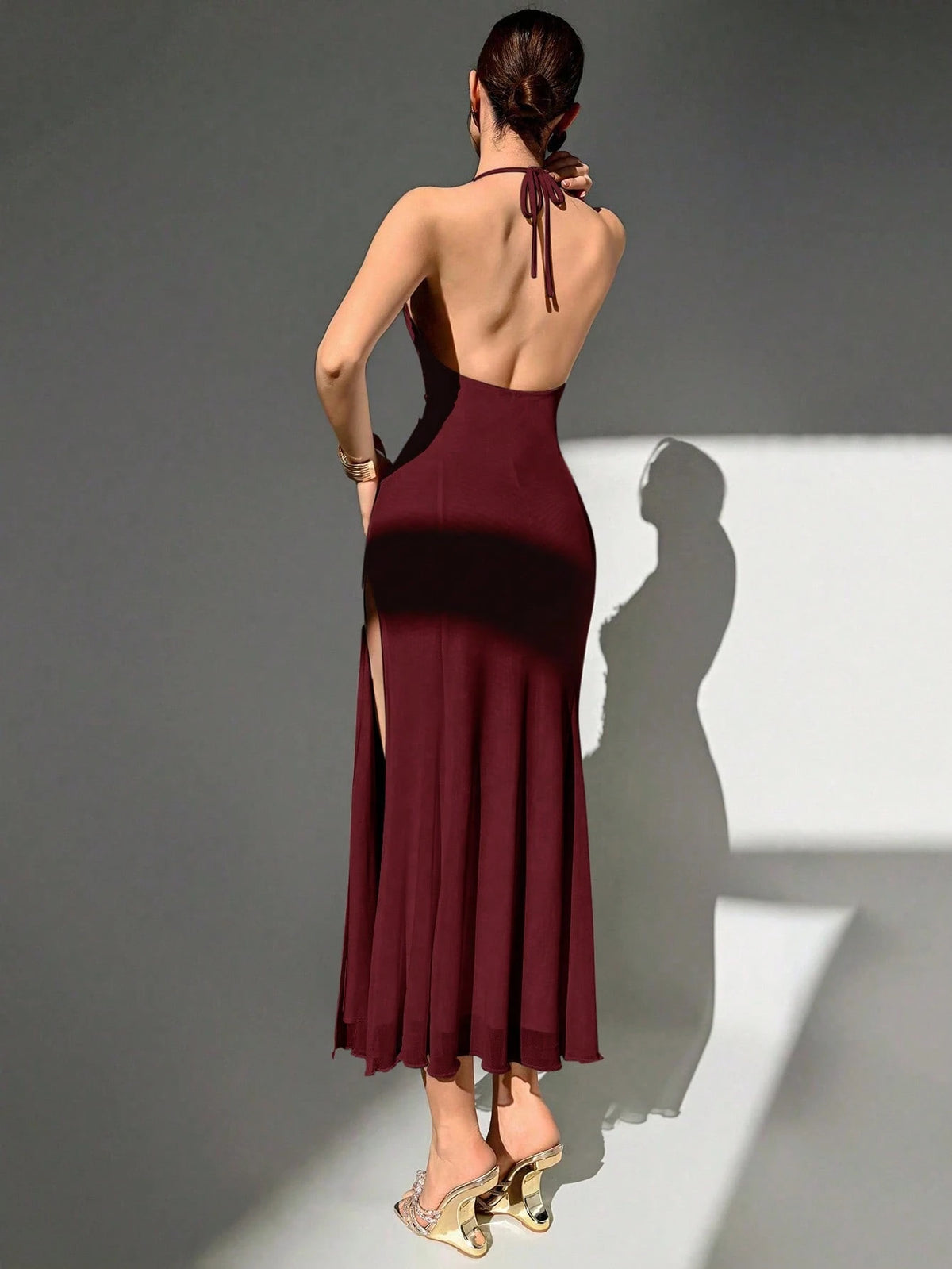 Aloruh Handmade 3D Floral Halter Neck Tie Fitted Formal Black Mesh Deep V High Slit Dress, For Wedding - image 14