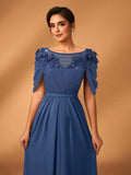 Serin Women's Elegant Formal Dusty Blue Chiffon Dress Spring Party Evening Sheer Long Sleeve Sequin Applique