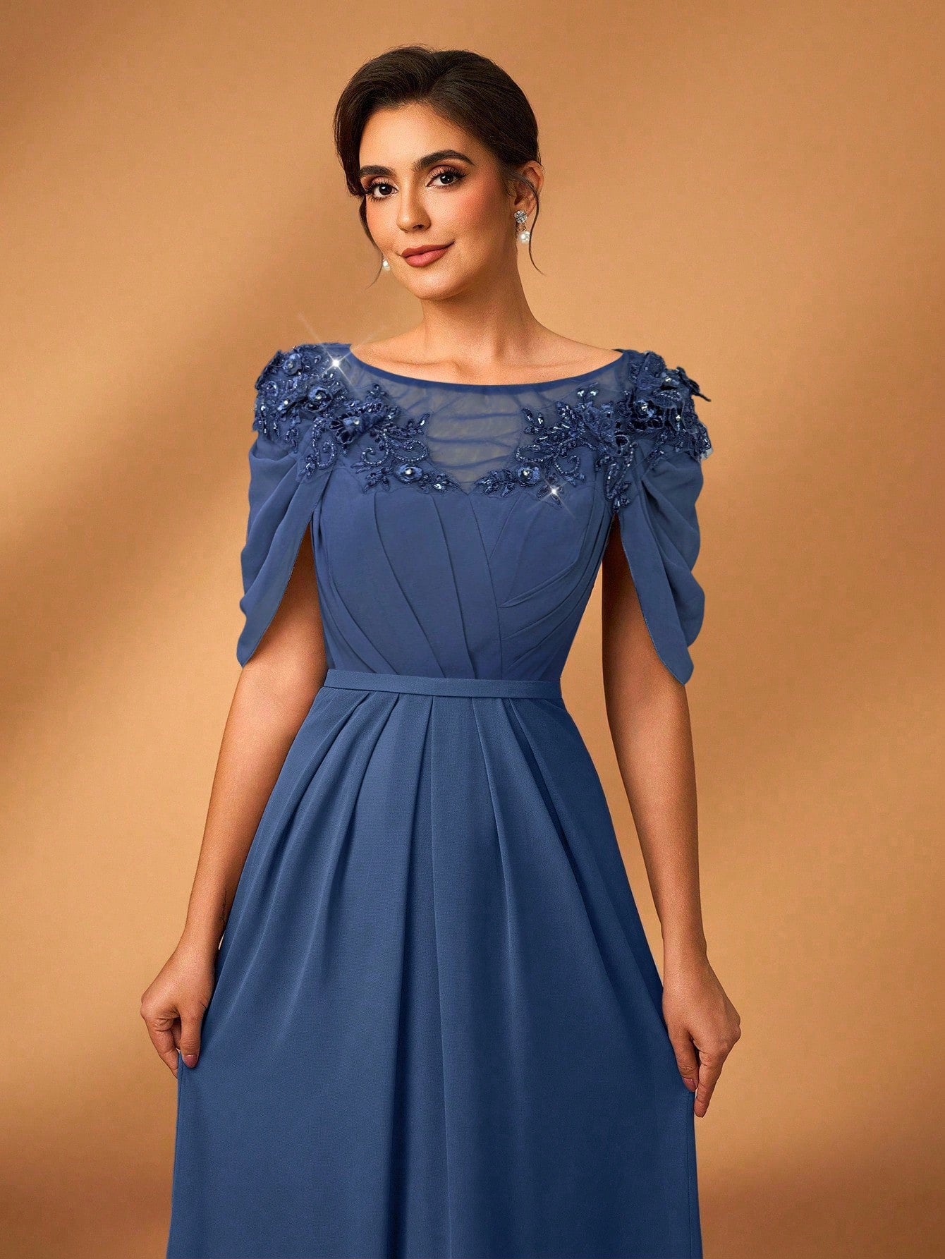 Serin Women's Elegant Formal Dusty Blue Chiffon Dress Spring Party Evening Sheer Long Sleeve Sequin Applique