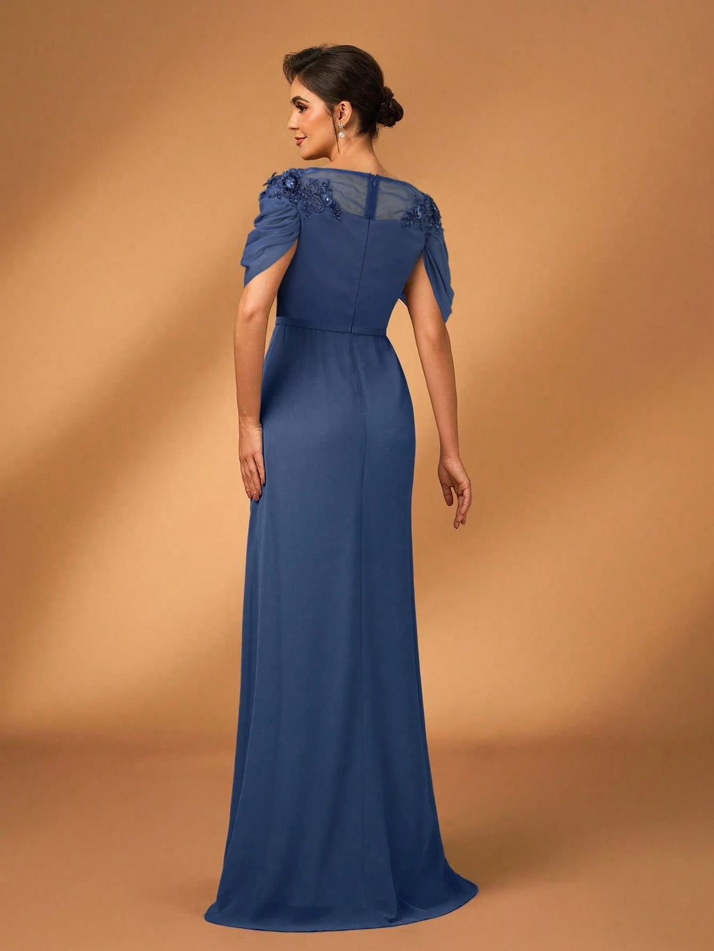 Serin Women's Elegant Formal Dusty Blue Chiffon Dress Spring Party Evening Sheer Long Sleeve Sequin Applique - image 2