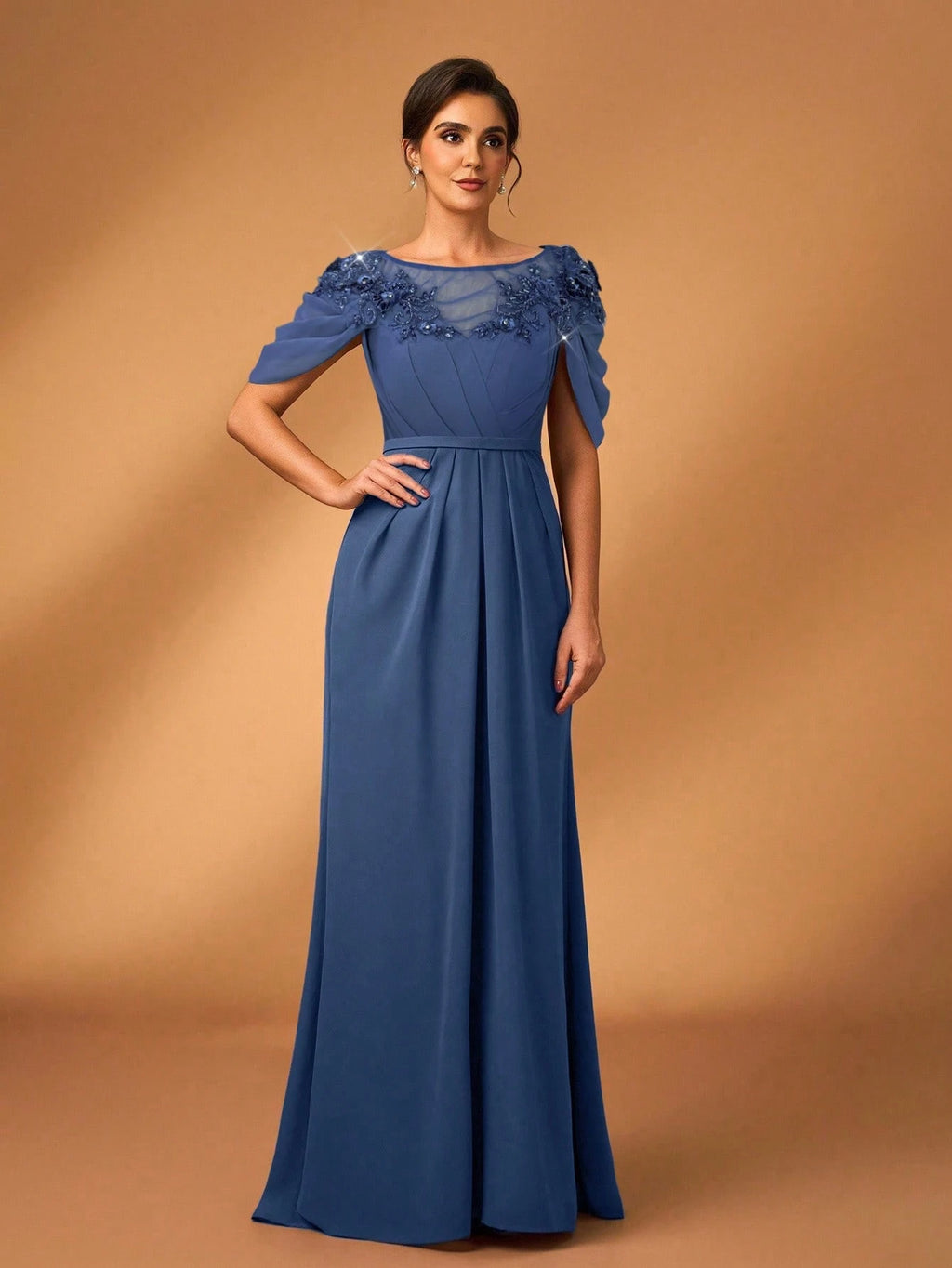 Serin Women's Elegant Formal Dusty Blue Chiffon Dress Spring Party Evening Sheer Long Sleeve Sequin Applique - image 3