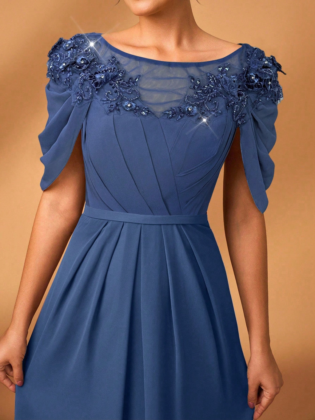 Serin Women's Elegant Formal Dusty Blue Chiffon Dress Spring Party Evening Sheer Long Sleeve Sequin Applique - image 4