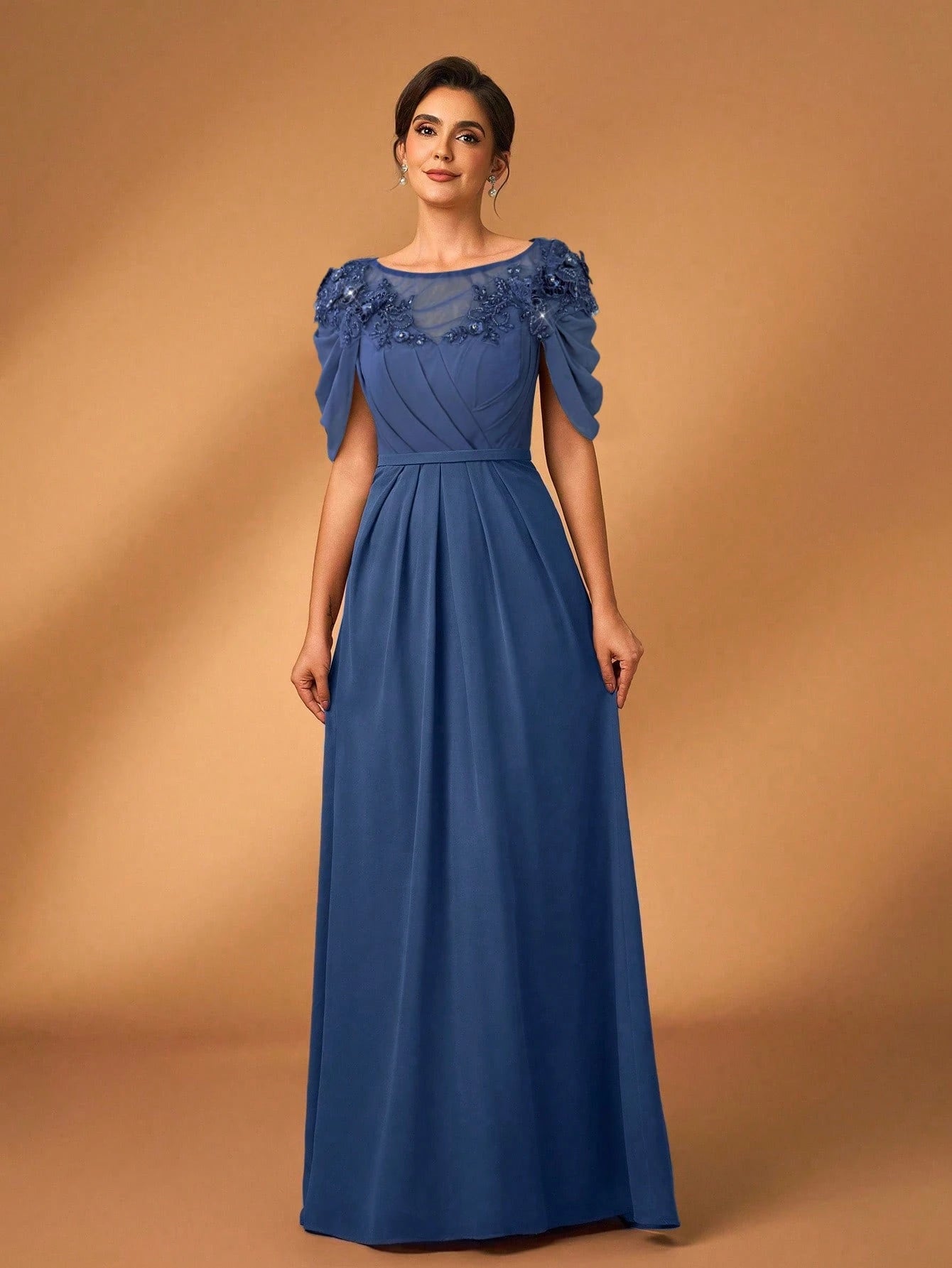 Serin Women's Elegant Formal Dusty Blue Chiffon Dress Spring Party Evening Sheer Long Sleeve Sequin Applique - image 5