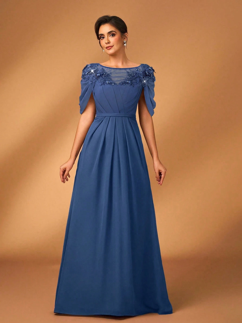 Serin Women's Elegant Formal Dusty Blue Chiffon Dress Spring Party Evening Sheer Long Sleeve Sequin Applique - image 6