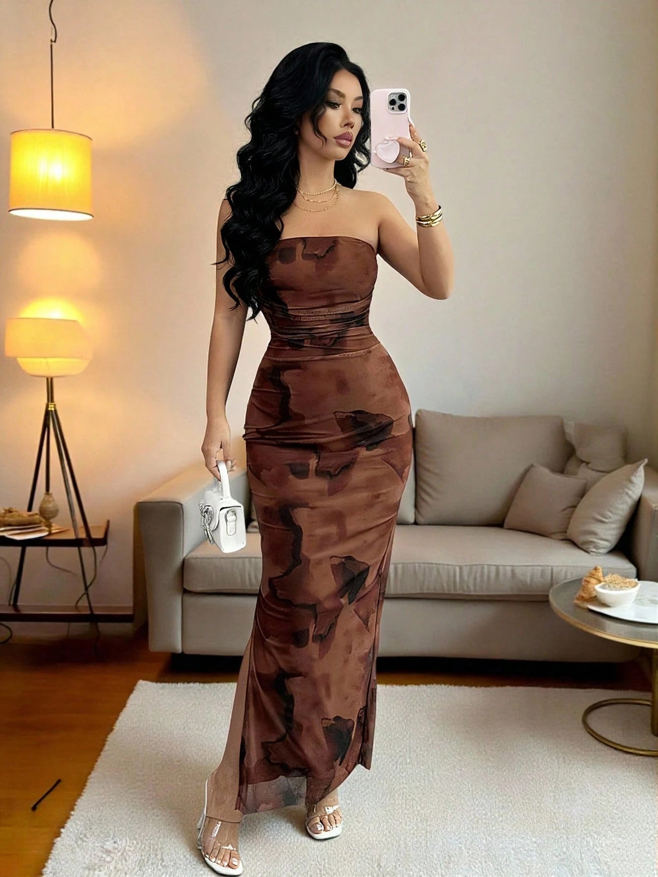 Ladies' Tie Dye Strapless Dress With Side Slit Hem Maxi