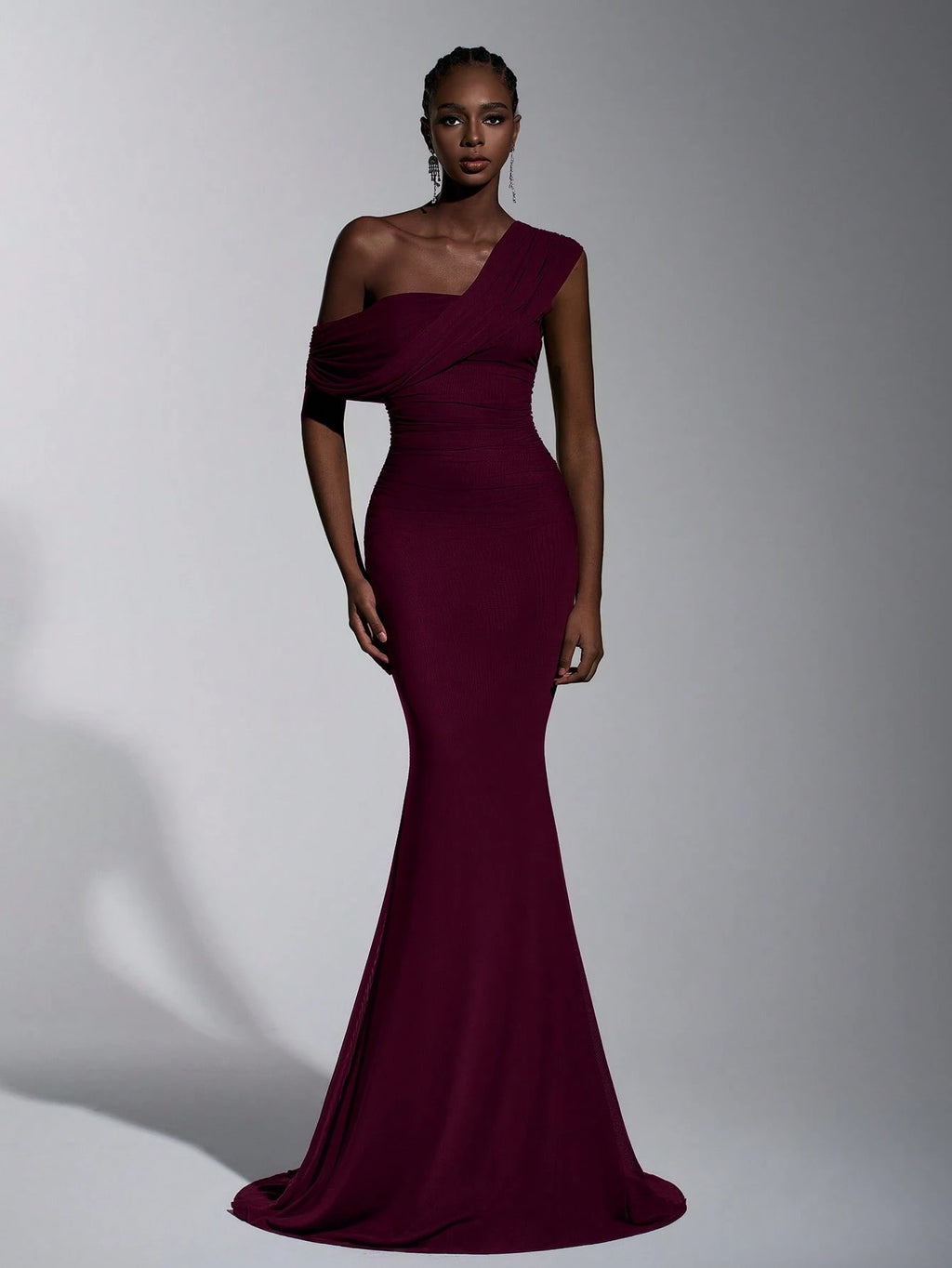 Elitara 2025 New Elegant Navy Blue Mesh One-Shoulder Ruched Decor Fitted Maxi Dress, Suitable For Weddings, - image 9