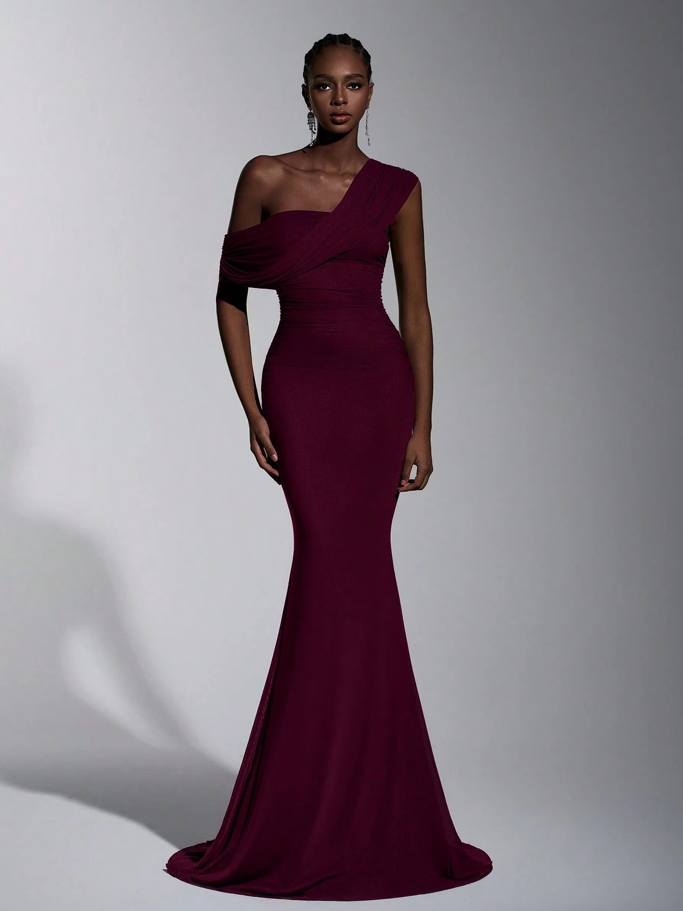 Elitara 2025 New Elegant Navy Blue Mesh One-Shoulder Ruched Decor Fitted Maxi Dress, Suitable For Weddings, - image 9