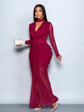 SOLERSUN Women Burgundy Elegant Dinner Autumn Dress, Mesh Draped Neck
