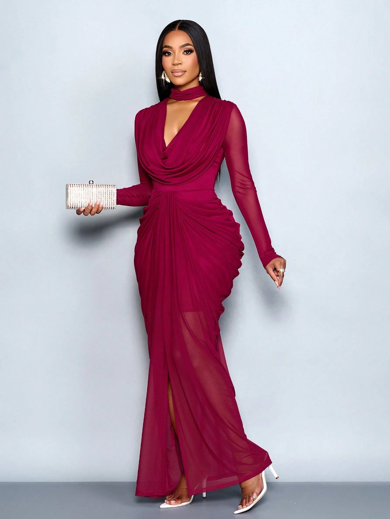 SOLERSUN Women Burgundy Elegant Dinner Autumn Dress, Mesh Draped Neck